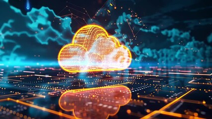 Poster - Glowing wireframe cloud hovers over futuristic circuit board with blue and orange lights, symbolizing cloud computing technology