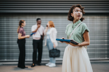 Sticker - Group of diverse business professionals engaging in conversation outdoors in an urban city environment, showcasing teamwork and collaboration in a modern professional context.