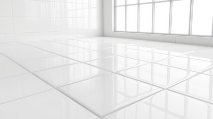 3d rendering of white tile floor with grid line of rectangle texture pattern in perspective.