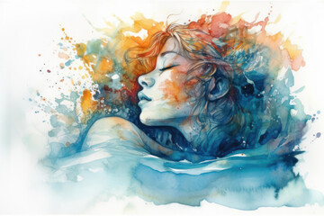 Poster - abstract watercolor illustration of a woman's profile. The woman's face in profile is done in soft, warm colors, with an emphasis on red and blue shades, creating a sense of depth and movement.  