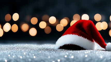 Canvas Print - Santa hat on sparkly surface with bokeh lights.