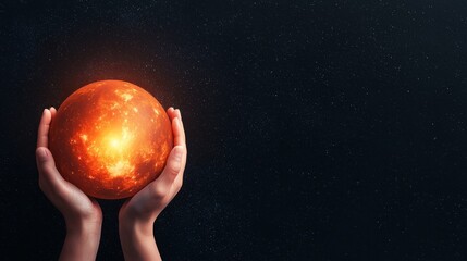 Wall Mural - A pair of hands holds a glowing orange planet against a dark cosmic background, symbolizing exploration and the mysteries of the universe.