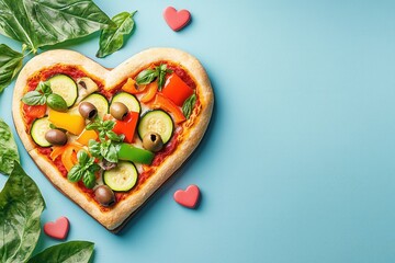 Wall Mural - Heart-shaped pizza concept for Valentine's Day. Heart-shaped pizza with colorful vegetables on a blue background