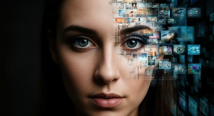Poster - Human-Machine Interface: Woman's Face Merged with Digital Code and Media