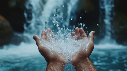 Wall Mural - Closeup of nature waterfall river water stream flowing, splash in man hands. outdoor environment pure liquid drop, fresh clean natural healthy refreshment, white, mountain, drink, aqua.