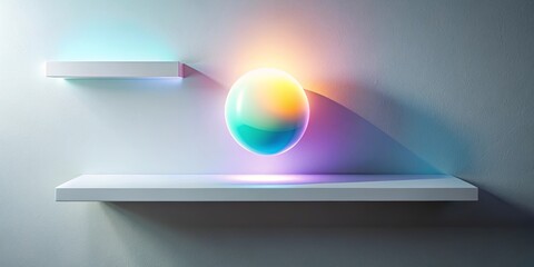 Abstract iridescent sphere above minimalist shelf with colorful lighting