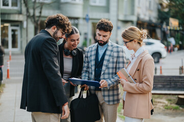 Wall Mural - Group of business people gathered outdoors reviewing documents in an urban environment, illustrating teamwork and collaboration. The setting conveys a professional yet casual atmosphere.