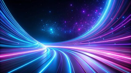 Wall Mural - abstract neon light trails on a curving path through a starry night sky