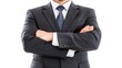 © happysunstock - A well-dressed man in a suit stands confidently with arms crossed, exuding professionalism and authority against a white background.