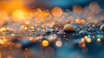 Poster - Sunlit Shells and Bokeh on Wet Sand at Shoreline in Evening Glow