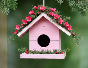 A charming birdhouse color pink in the shape of a rustic little pink wooden house, suspended on a string against a soft, blurred green background - generated by ai