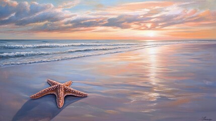 Poster - Starfish on Tranquil Beach at Sunset with Gentle Waves and Clouds