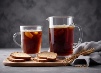 Wall Mural - Rustic glass of kvass with rye bread slice, gray backdrop, brown, gray