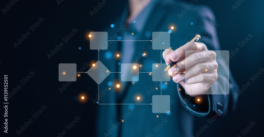 business processes and algorithm diagram flow on a computer laptop ...