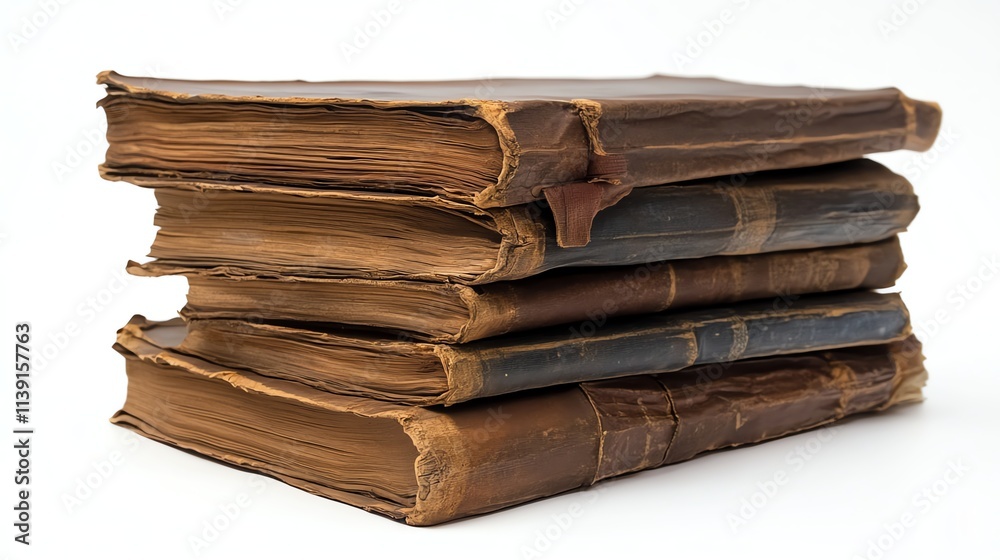 Stack of vintage books with worn edges, white isolate background. Stock ...