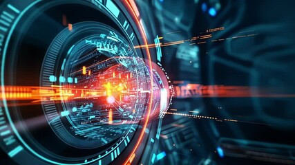 Poster - futuristic cyberspace tunnel rotating digital earth with orange and blue light trails creating a sen