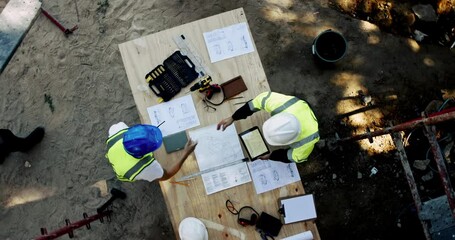 Poster - Construction, engineer team and shaking hands with tablet for greeting, meeting or above. Architect, partner and handshake at site for collaboration, welcome or people with building design blueprint
