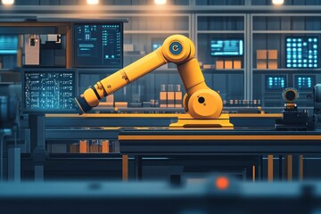 Poster - Yellow robotic arm in a factory setting, interacting with digital displays. Illustrates automation and advanced manufacturing processes in modern industry.