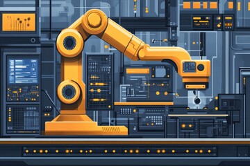Poster - Industrial robotic arm in futuristic factory setting. Illustrates automation, technology, and advanced manufacturing processes.