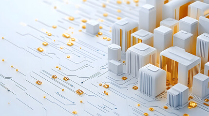 Aufkleber - A futuristic cityscape with abstract buildings and interconnected lines, symbolizing technology and innovation
