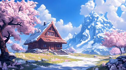 Aufkleber - A serene landscape featuring a cozy wooden house surrounded by cherry blossoms, beneath a blue sky with fluffy clouds and majestic mountains