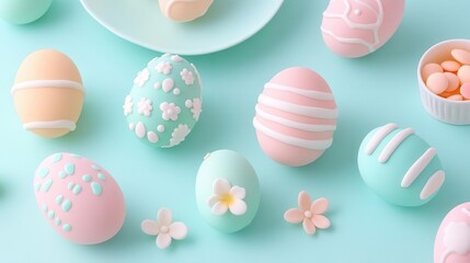 Poster - A pastel Easter egg dessert set with delicate hand-painted patterns, spring-themed.