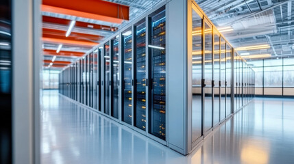 Poster - Server racks in server room cloud data center. Exit door. Datacenter hardware cluster
