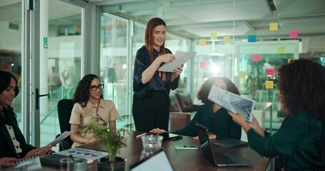 Aufkleber - Business women, team and meeting with documents for agenda, plan or topic discussion in boardroom. Female people, employees or colleagues with paperwork for company briefing, project or presentation