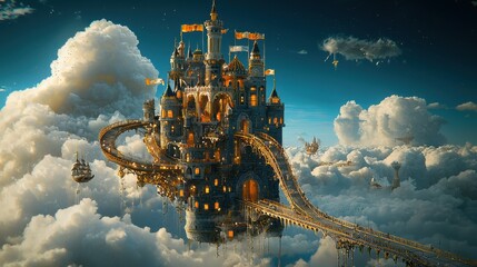 Poster - Majestic castle-shaped clouds overhead aerial view digital art fantasy environment surreal concept for visual wonder