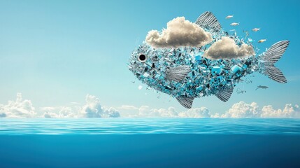 Poster - Clouds forming a fish outline above the horizon captured over the ocean digital art serene environment aerial view unique nature concept for visual storytelling