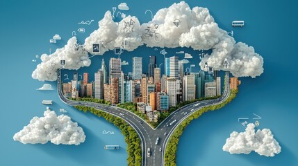 Aufkleber - Clouds shaping a bicycle over a bustling cbd landscape urban visual art cloudy sky aerial perspective creative imagination