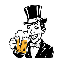 A man in a top hat is holding a glass of beer and smiling, doodle vector illustration