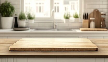 Empty wooden cutting board on kitchen counter.