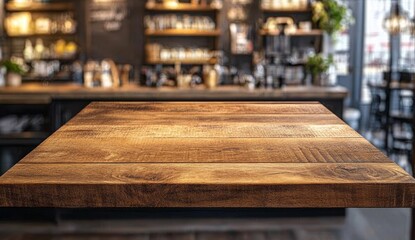 Wall Mural - Empty wooden table in blurred cafe background. (5)