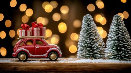 Festive Red Vintage Car Carrying Christmas Gifts with Snowy Trees and Bokeh Lights