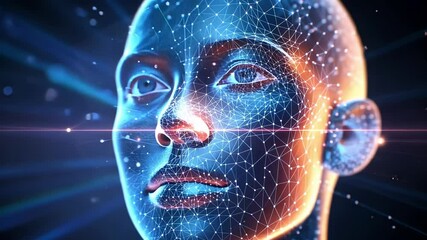 Poster - Artificial intelligence is forming a three dimensional face with futuristic polygonal lines and glowing nodes in cyberspace