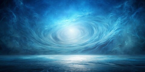Wall Mural - Abstract swirling blue vortex leading to a bright light over a calm icy surface