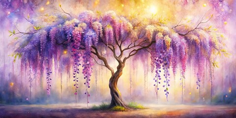 Wall Mural - Enchanted Purple Blossom Tree in a Misty Meadow
