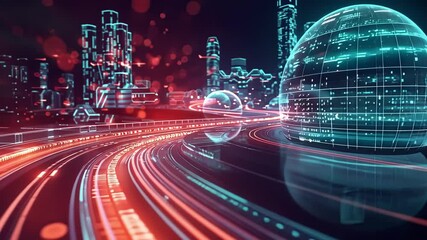 Poster - glowing streams of data flow along a futuristic highway, encircling a digital globe, symbolizing glo