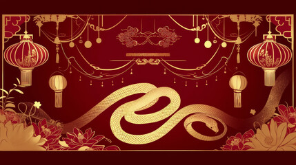 luxurious design celebrating Year of Snake featuring golden snake coiling on deep red background, surrounded by traditional Chinese motifs like lanterns and floral patterns