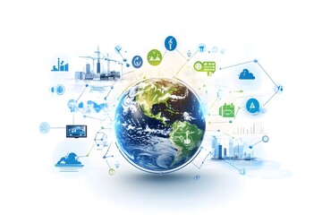 Poster - Global Connectivity and Innovation in Technology Illustrated with Earth and Various Icons Representing Industries and Sustainable Development Concepts