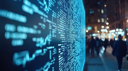 Poster - Night city street with large digital data screen.