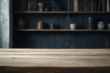 Poster - Rustic wooden table with blurred bookshelf background.
