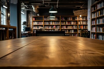 Poster - Wooden table in a library with bookshelves.