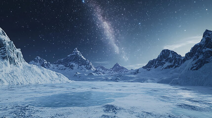 A snowy landscape with a large body of water and a sky full of stars