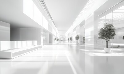 Wall Mural - Bright, minimalist white hallway with plants and sunlight.