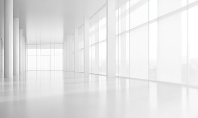Poster - Bright, minimalist white interior with large windows and polished floor.
