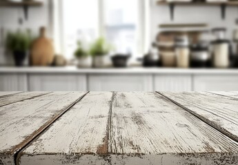 Poster - Empty rustic wooden table in blurred kitchen.