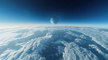 Poster - Breathtaking blue sunrise over distant planet space view of swirling clouds and glowing landscapes