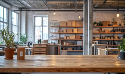 Poster - Empty wooden table in modern office. (1)